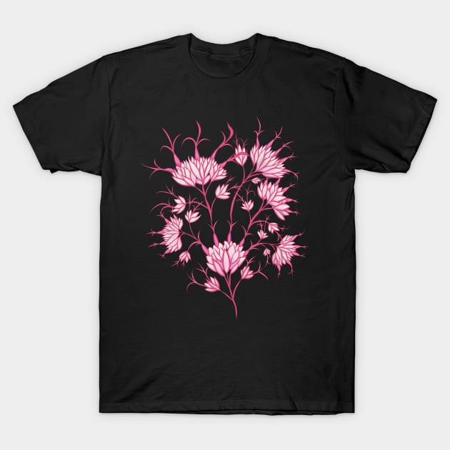 Pink Flowers On Dark Purple Decorative Floral T-Shirt by Boriana Giormova
